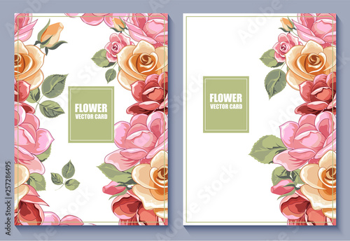 Set of vector botanical banners with pink roses flowers. Romantic design for natural cosmetics, perfumes, women's goods, packaging, labels. Can be used as a greeting card or a wedding or birthday invi