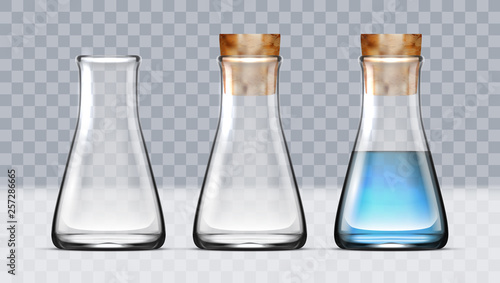 Realistic Glass Laboratory Equipment Set. Flasks Or Beakers