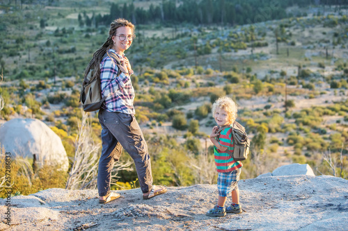 Mother with  son visit Yosemite national park in California