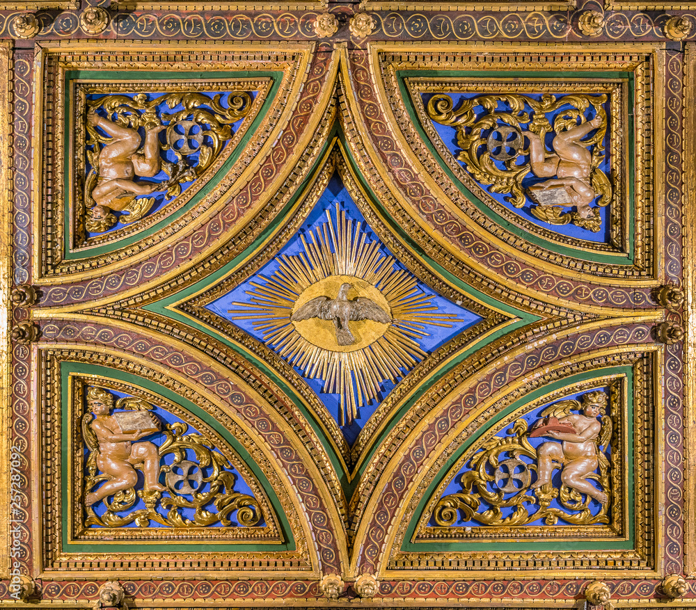 Dove of the Holy Spirit carved in the vault of the Church of San Girolamo della Carità in Rome, Italy.