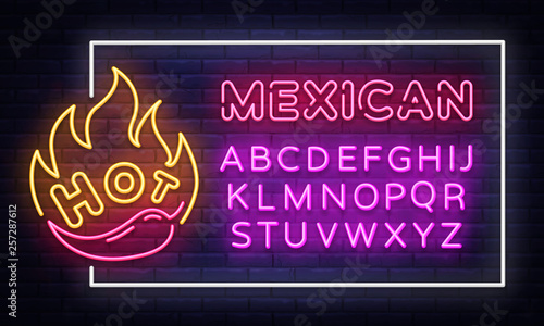 Mexican Food neon sign vector design template. Mexican Food neon frame, light banner design element colorful modern design trend, night bright advertising, bright sign. Vector. Editing text neon sign
