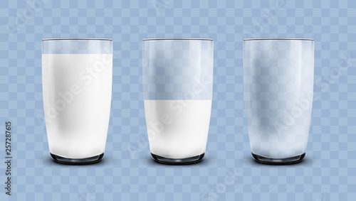 Realistic Empty, Half And Full Of Milk Transparent Glasses