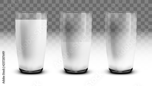 Realistic Empty, Half And Full Of Milk Transparent Glasses