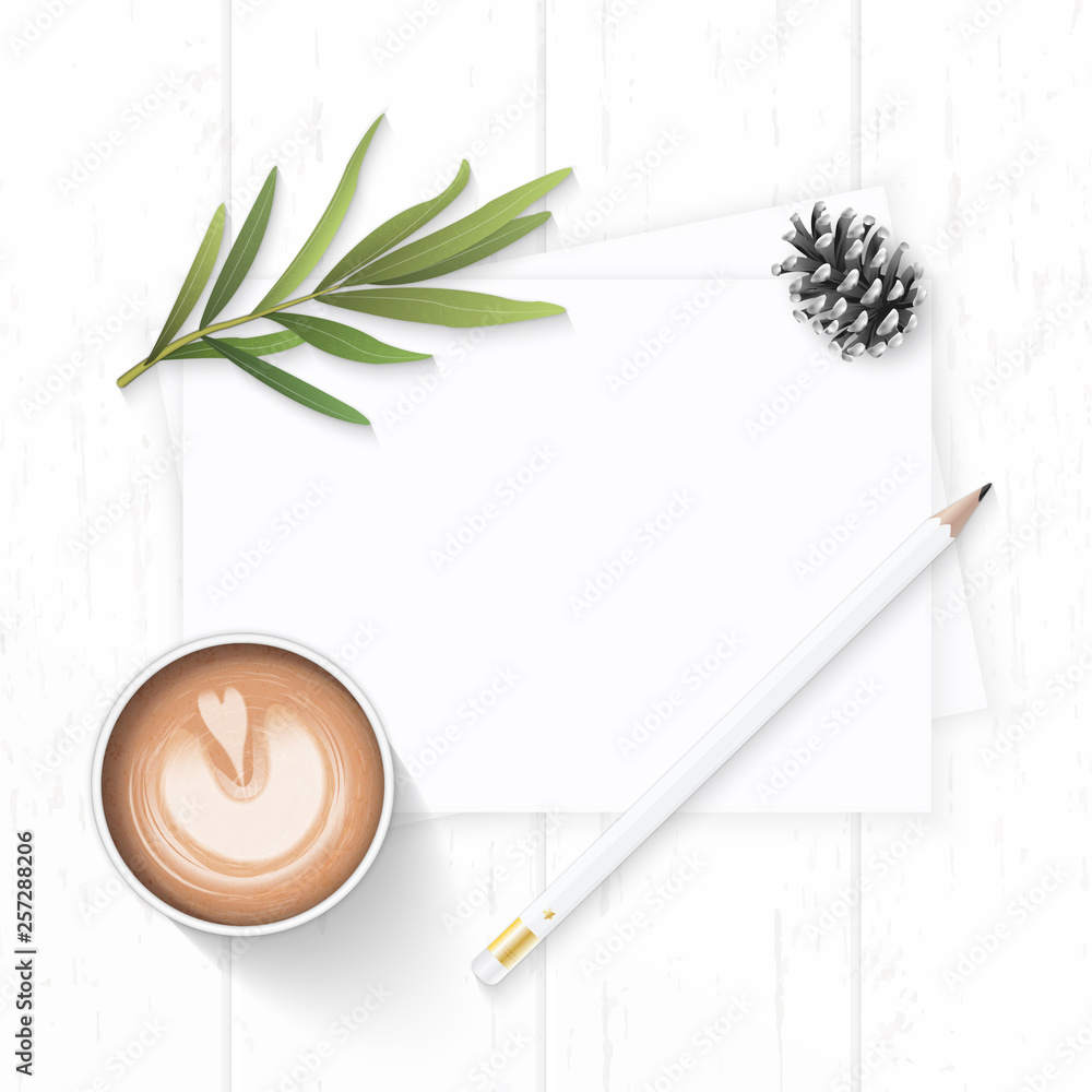 Flat lay top view elegant white Christmas composition paper pine cone pencil tarragon leaf and coffee on wooden background Flat lay top view elegant white Christmas composition paper pine cone pencil tarragon leaf and coffee on wooden background