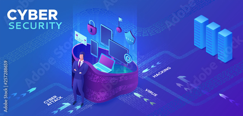 Cyber security 3d isometric vector illustration, data protection concept, firewall attack, phishing scam, information safety , laptop, computer, bank card