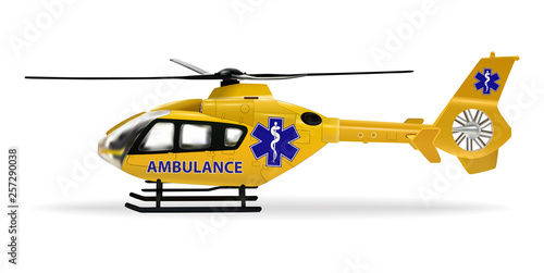 Ambulance helicopter. Air ambulance, air transport designed to transport sick or injured people over long distances. Yellow medical rescue helicopter. Vector illustration.