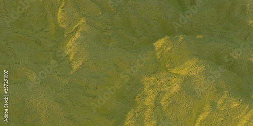 Green grass hills lit by warm sunlight with the white background aerial top view from drone or plane. 3d illustration render