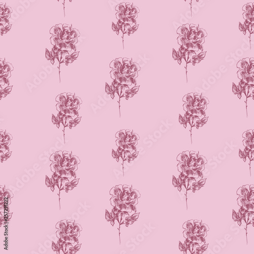 Vector floral seamless pattern with blooming roses. Seamless floral pattern on a gentle pink background. Roses are drawn in pencil