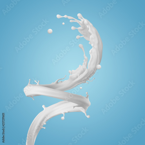 3d render, milk spiral splashing, liquid wave, white splash, paint, loops, curvy jet, isolated on blue background photo