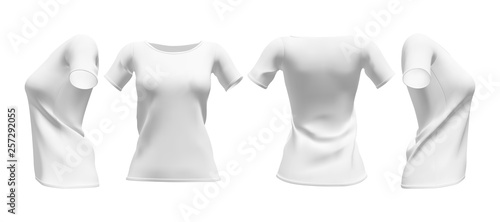 Realistic womens white t-shirt with short sleeves mockup set. Front, back and side view mockup. Isolated vector illustration.