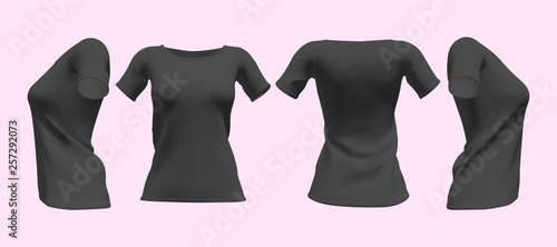 Realistic womens black t-shirt with short sleeves mockup set. Front, back and side view mockup. Isolated vector illustration.