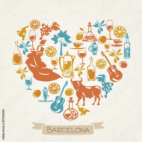 Vector I love Barcelona design with symbols of Spanish culture. 