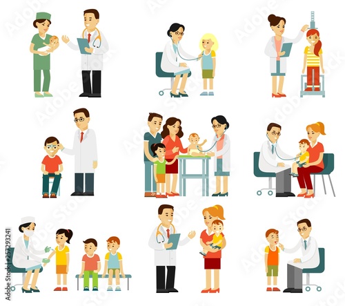 Pediatrician doctor and child set. Medical checkup of kids in hospital. Young man and woman physician doing examination of health for the children