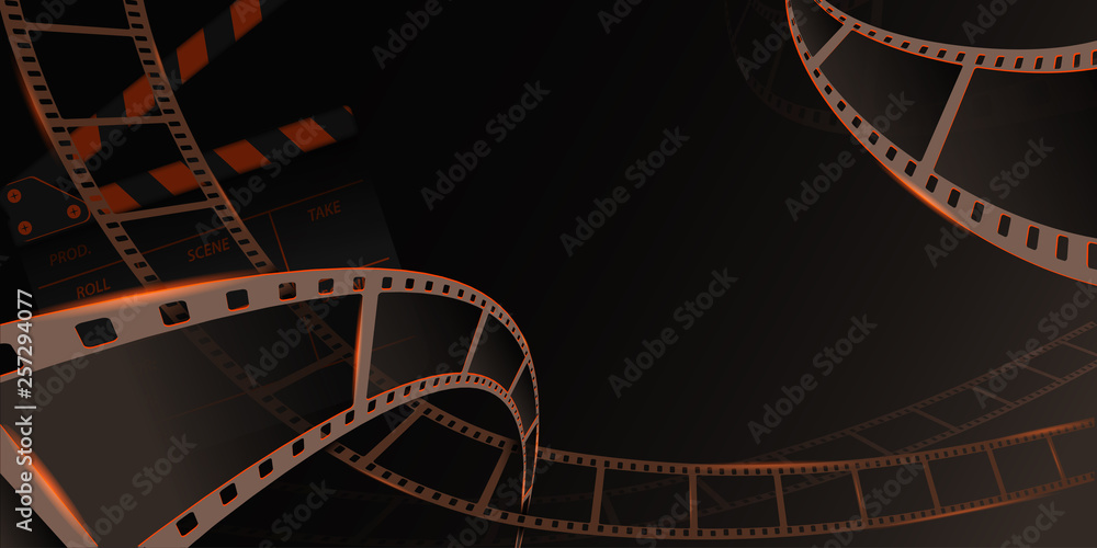 Different film strip frame with clapperboard isolated on grey background. Design template cinema festival banner, brochure, flyer, poster, tickets, leaflet. Vector illustration in 3d isometric style. 