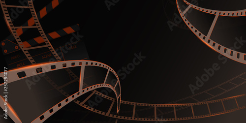 Different film strip frame with clapperboard isolated on grey background. Design template cinema festival banner, brochure, flyer, poster, tickets, leaflet. Vector illustration in 3d isometric style. 