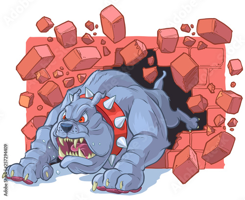 Angry Cartoon Bulldog Mascot Crashing Through Brick Wall