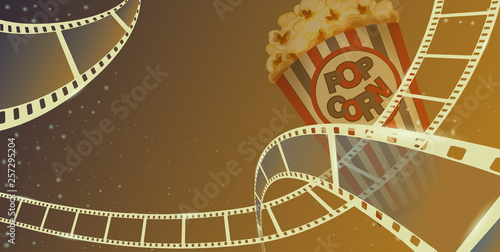 Film strip frame with pop corn box isolated on brown background. Closeup view for design layout cinema festival banner. Template cinema with space for your text. Vector 3d isometric style. EPS 10.