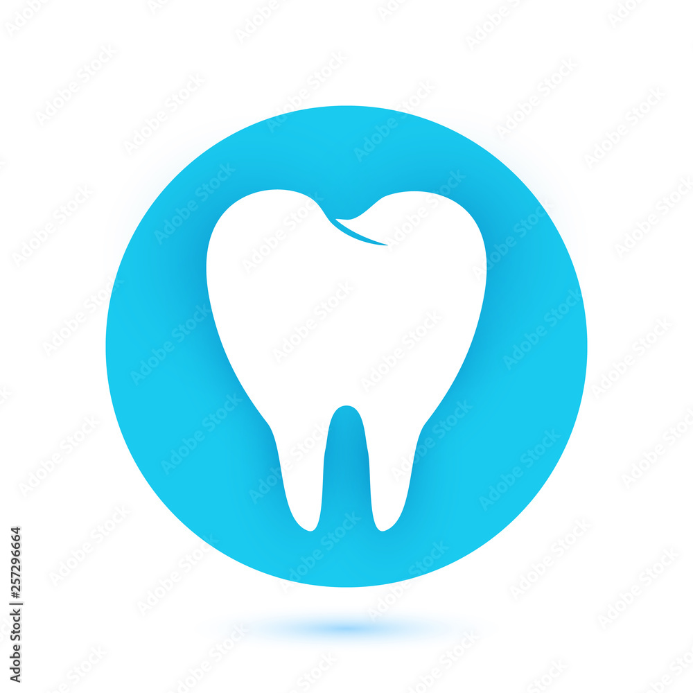 White Tooth icon in flat design with long shadow. Vector illustration. Simple Tooth icon on blue round button