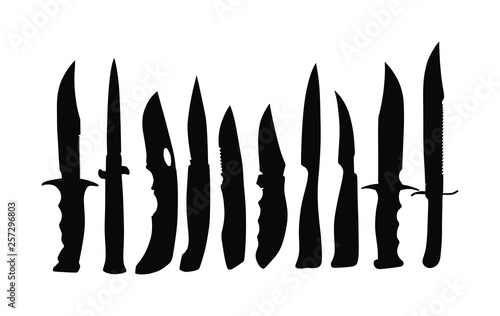 Hunting knives vector collection. Military knife vector silhouette isolated on white background. Slice symbol. Aggressive survivor tool. Dirk sign. Bayonet vector. Kitchen tool. Cooking equipment.