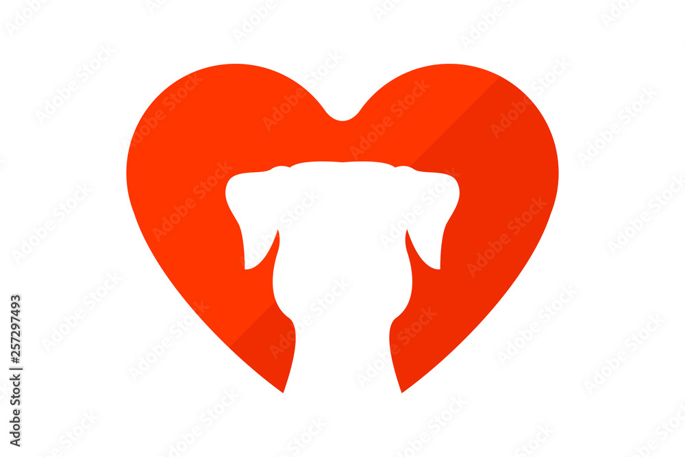 Dog silhouette inside creative red heart. Pet silhouette vector logo for web and print. Funny Puppy silhouette with heart on the background.