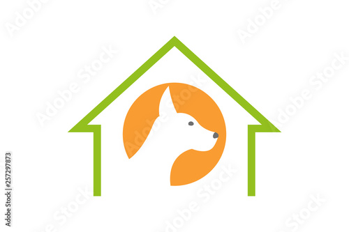 Dog silhouette on the orange circle inside green color pets house. Abstract vector logo in orange and green colors.