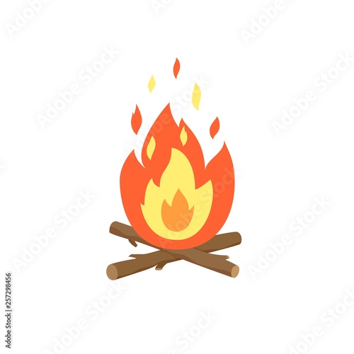 Bonfire burning flame icon. Fire wood and campfire cartoon flat vector illustration. Icon isolated on white background for web, print, decoration.