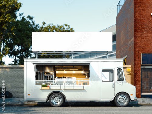 White food truck with detailed interior. Takeaway food and drinks. 3d rendering. photo