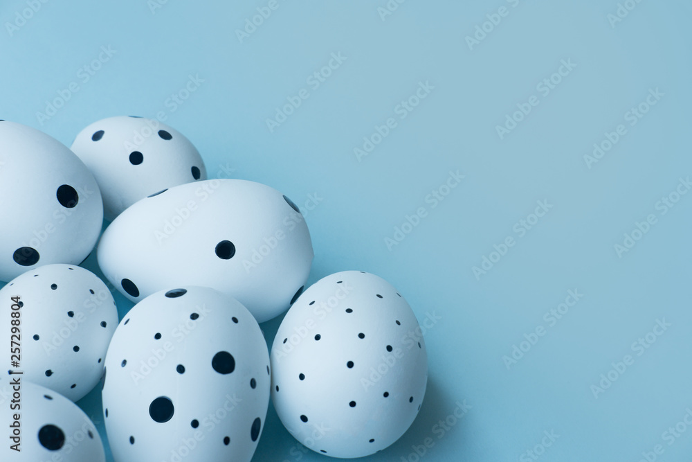 Easter eggs on blue background. Easter concept. Copy space Easter eggs on blue background. Easter concept. Copy space