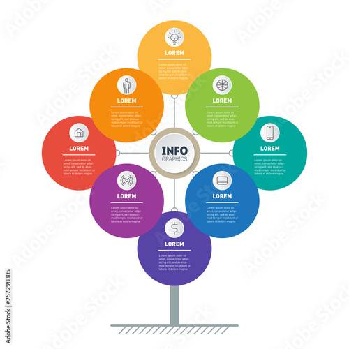 Business Brochure design template. Presentation concept with 8 options. Web Template of tree, info chart or diagram. Vector infographic of technology or education process with 8 steps.