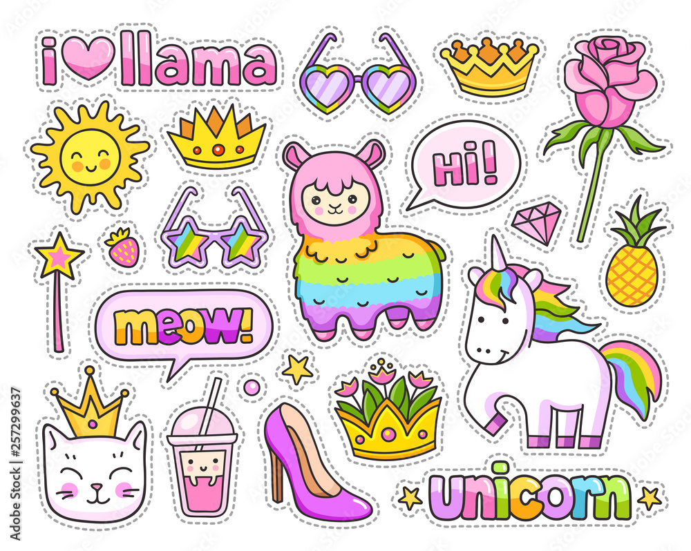 Cute rainbow llama, magic unicorn, cat, crown, rose and pineapple. Cartoon style. Colorful stickers, pins and patches. Vector illustration