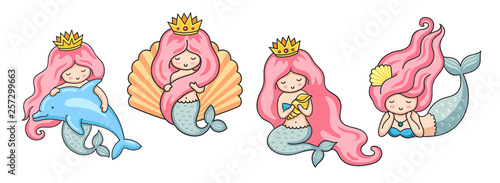 Set of beautiful mermaids with pink hair. Vector illustrations.