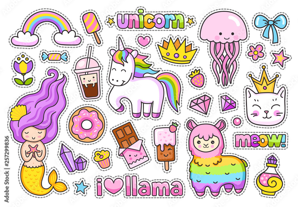 Big stickers pack. Kawaii little mermaid, llama, cat, rainbow magic  unicorn, jellyfish, ice cream and crown. Set of cute cartoon characters.  Stock Vector