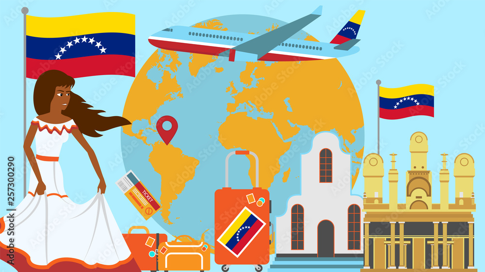 Welcome to Venezuela postcard. Travel and journey concept of Latinos country vector illustration with national flag of Venezuela
