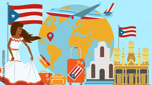 Welcome to Puerto Rico postcard. Travel and journey concept of Latinos country vector illustration with national flag of Puerto Rico