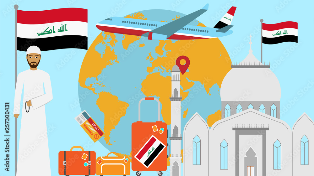 Welcome to Iraq postcard. Travel and journey concept of Islamic country vector illustration with national flag of Iraq