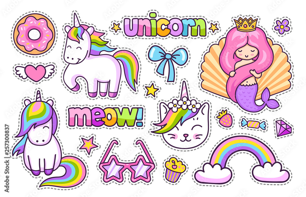 Big Stickers Pack Kawaii Little Mermaid Llama Cat Rainbow Magic