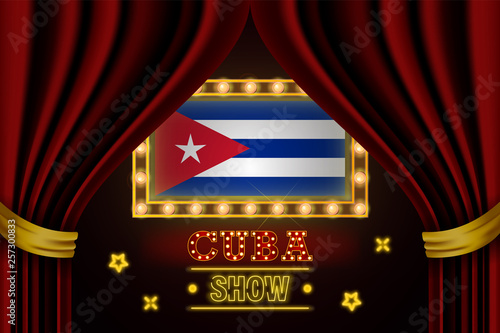 Show time board for performance, cinema, entertainment, roulette, poker of Cuba country event. Shining light bulbs vintage of Cuba country name