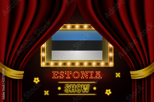 Show time board for performance, cinema, entertainment, roulette, poker of Estonia country event. Shining light bulbs vintage of Estonia country name