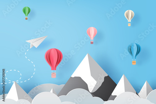 3D Paper art and craft of white paper airplanes flying and balloons on blue sky and clouds, Creative design paper cut airplanes for business success concept idea,pastel color,Vector illustration