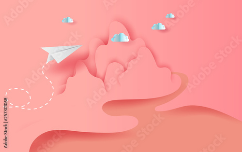 3D Paper art and craft of landscape  white paper airplanes flying on sky and clouds, Creative design paper cut airplanes for business success concept idea,pastel color,river,Vector illustration.