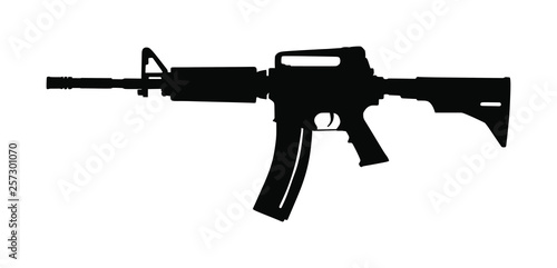 Rifle vector silhouette isolated on white background. Tactical assault rifle symbol. Semi automatic army and police weapons. Powerful deadly weapon for special unit fire arm.