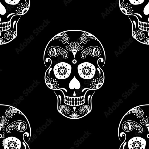 Vector seamless pattern of white sugar skull with floral ethnic ornament on black background. Illustration for Mexican Day of the Dead