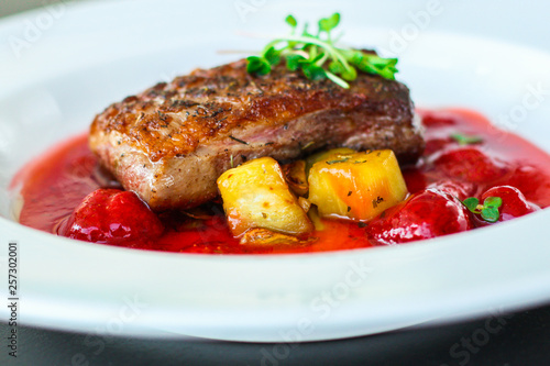 duck breast roasting, vegetables, berry sauce and microgreen (main dish). food background. top view