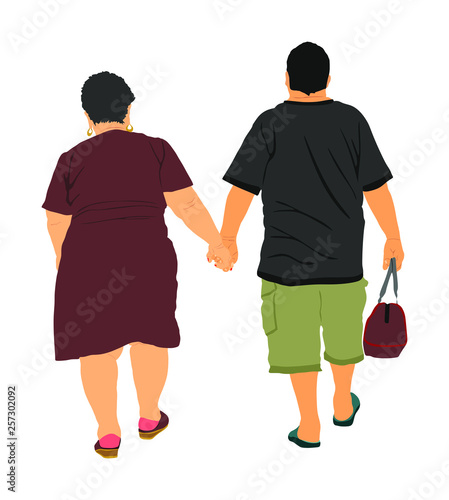 Happy elderly seniors fat couple hold hands vector illustration. Mature coupe in love together on background. Grandmother and grandfather closeness in public. Golden age for travel and peace in soul.