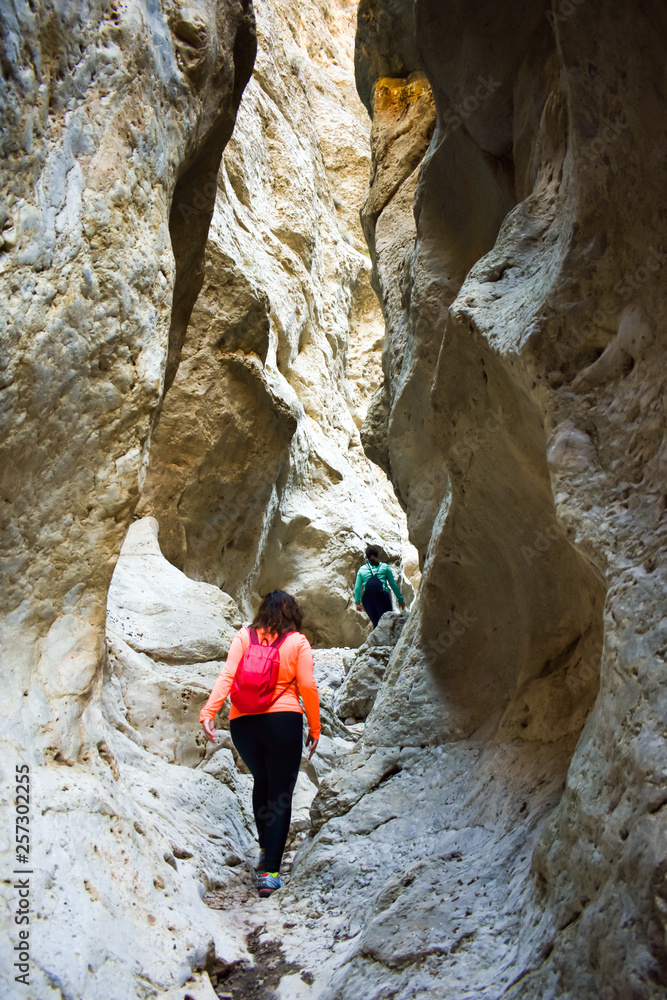 hiker with a backpack climbing a defile. Woman hiker between two white stone walls made by a dry river that has transformed this valley into a defile hiker with a backpack climbing a defile. Woman hiker between two white stone walls made by a dry river that has transformed this valley into a defile