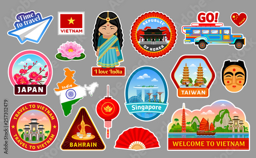 Big set of travel stickers of the Asia. Taiwan, Vietnam, Japan, Republic of Korea, Singapore, Bahrain and India. Famous monuments, architecture, buildings and places. Vector flat illustration