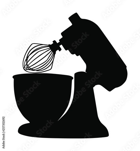 Modern kitchen mixer vector silhouette isolated on white background. Equipment for cooking and mixing on home or restaurant. Professional candy machine for baking food.