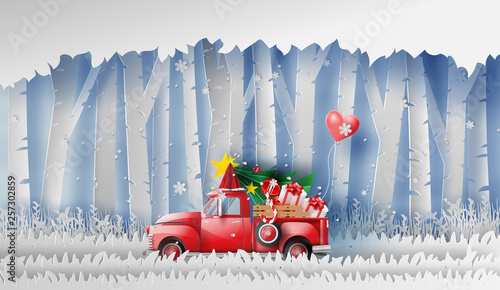 3D illustration of paper art Red Classic pickup truck car by gift,Christmas tree and balloon winter season forest.Happy new year and Merry Christmas day,Snowfall Landscape forest in full moon,vector.