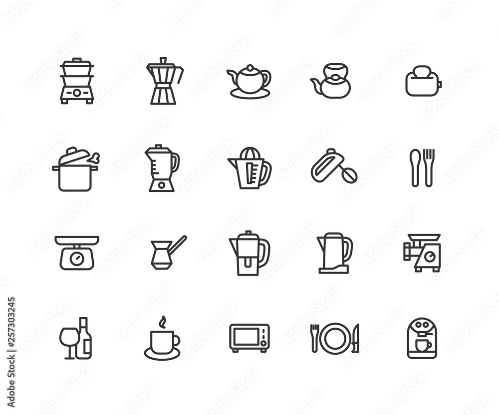 Simple Set of Kitchenware Related Vector Line Icons. Contains such Icons as kitchen equipment, kettle, fork and more. Editable Stroke. 48x48 Pixel Perfect.
