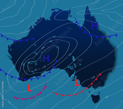 Weather map of the Australia. Meteorological forecast on a dark background. Editable vector illustration of a generic weather map showing isobars and weather fronts.